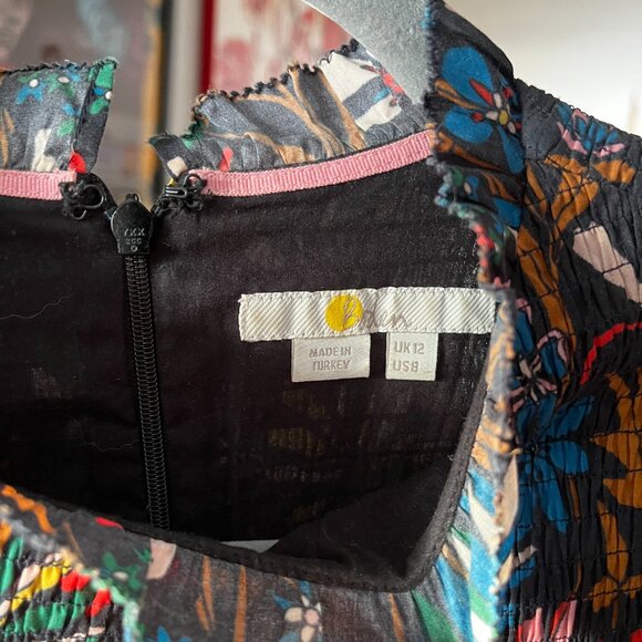 Boden Frill Neck Smocked Dress Black "Wild Dandelion" UK 12 US 8 EUC Knee Length - Picture 4 of 11